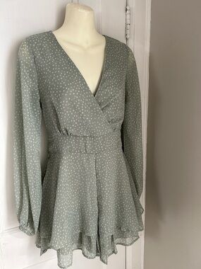 Sage Green Polka Dot Wrap Mini Dress Long Sleeves Belted Waist & Ruffly Skirt